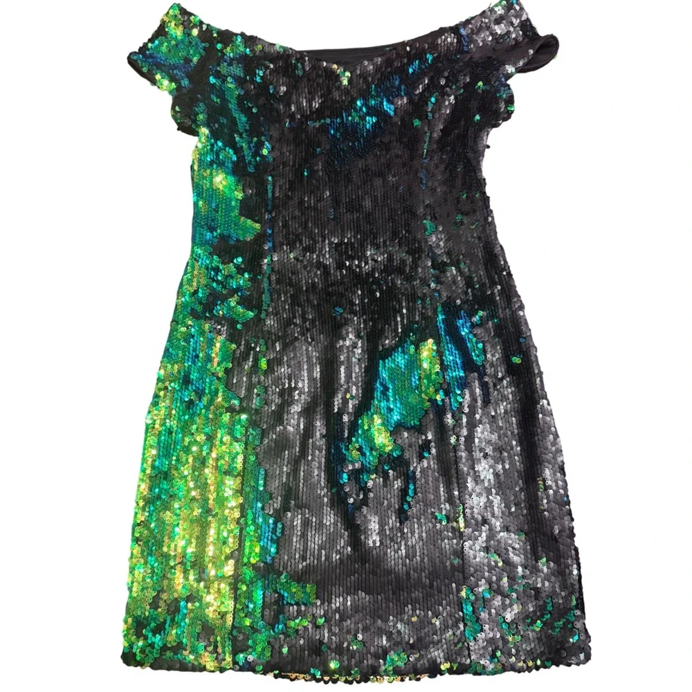 Guess Sequin Off Shoulder Mini Dress Black Green Teal Sz S NWT Holiday Mermaid